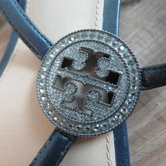 TORY BURCH Liana Flat Jewel Embellished Leather Thong Sandals in Blue Sz US 7.5 - Picture 3 of 15